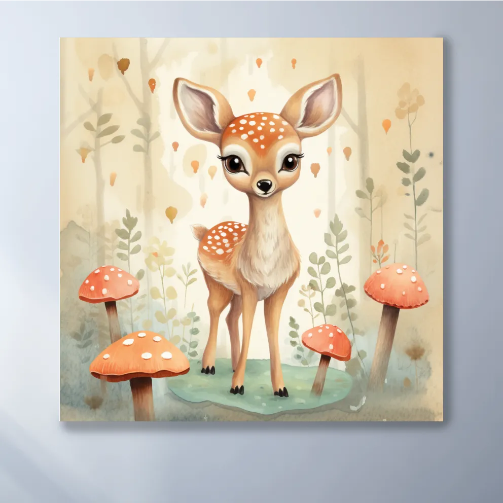 Nursery art, illustration of a cute baby fawn in the forest