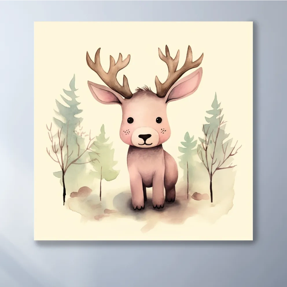 Childrens nursery art, an illustration of a cute baby moose in the forest