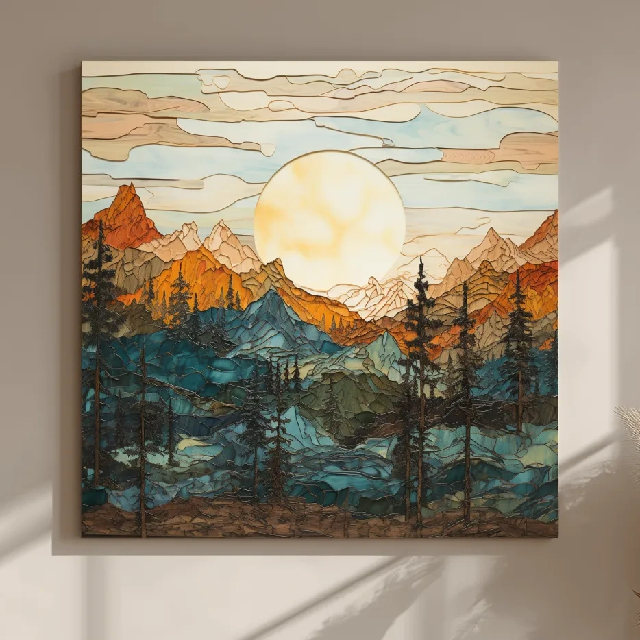 Stained Glass Mountain Sunset Landscape - Colorful Mosaic Forest Wall Art