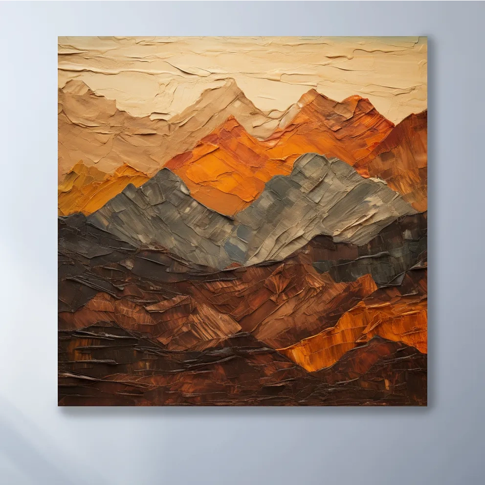 Textured impasto painting of earthy coloured mountains