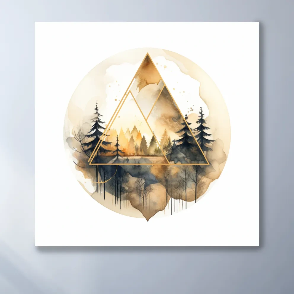Rustic geometric forest watercolour painting, minimal and elegant