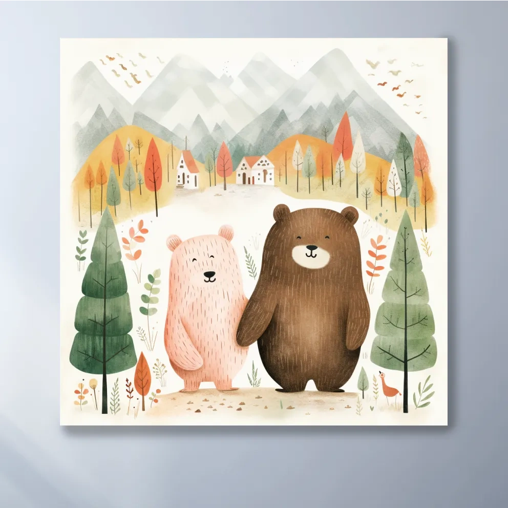 Cute Bear Couple Watercolor Illustration - Whimsical Mountain Forest Nursery Wall Art