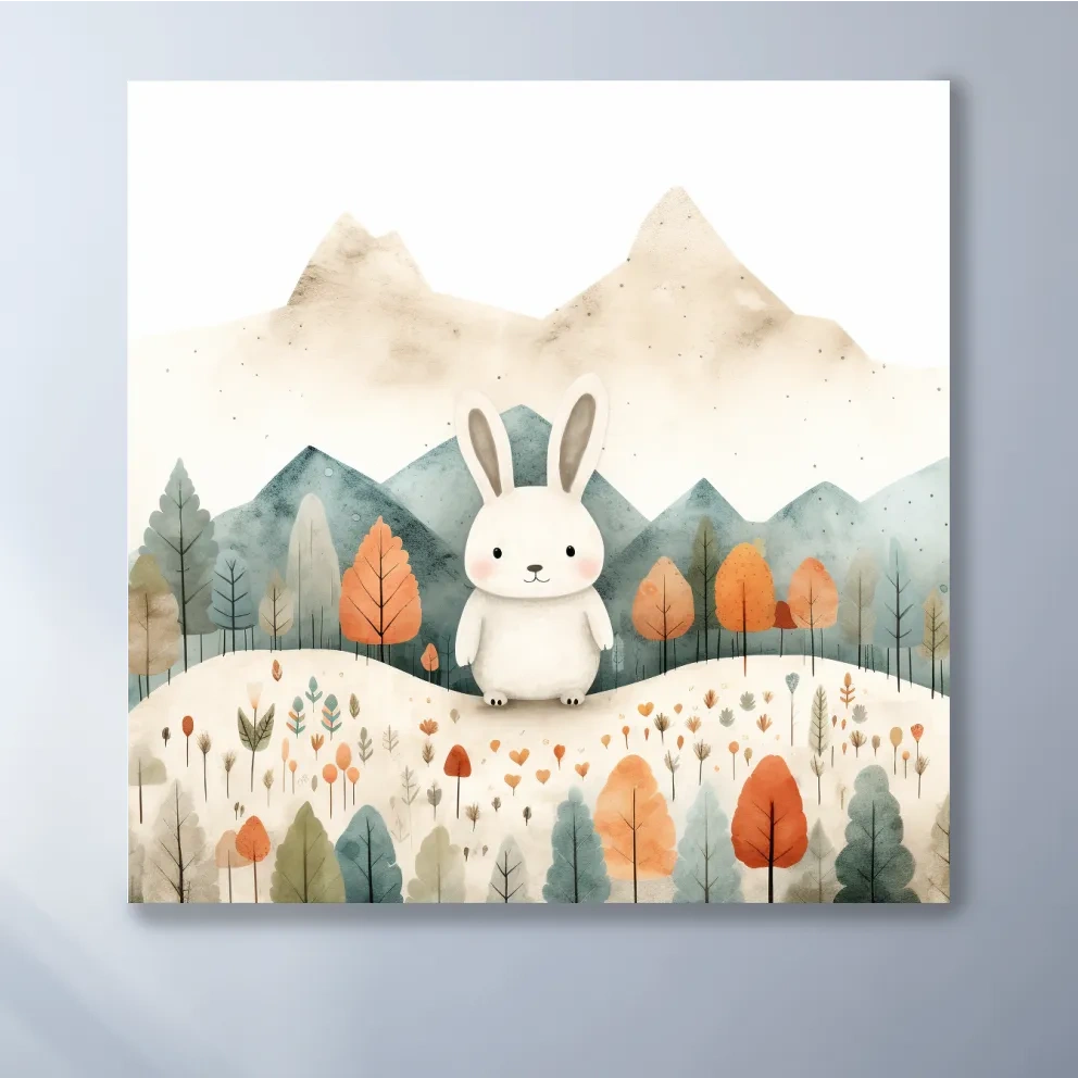 Cute happy bunny in the mountains, childrens storybook illustration art