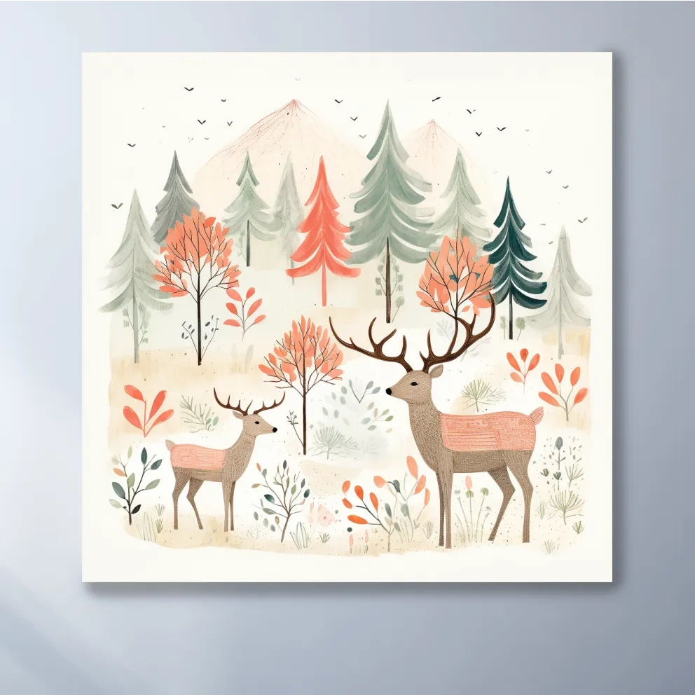 Storybook nursery art illustration, deer family in the forest