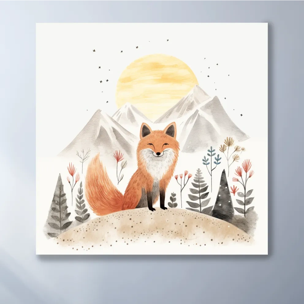 Cute quirky storybook nursery art, a happy fox in the mountains