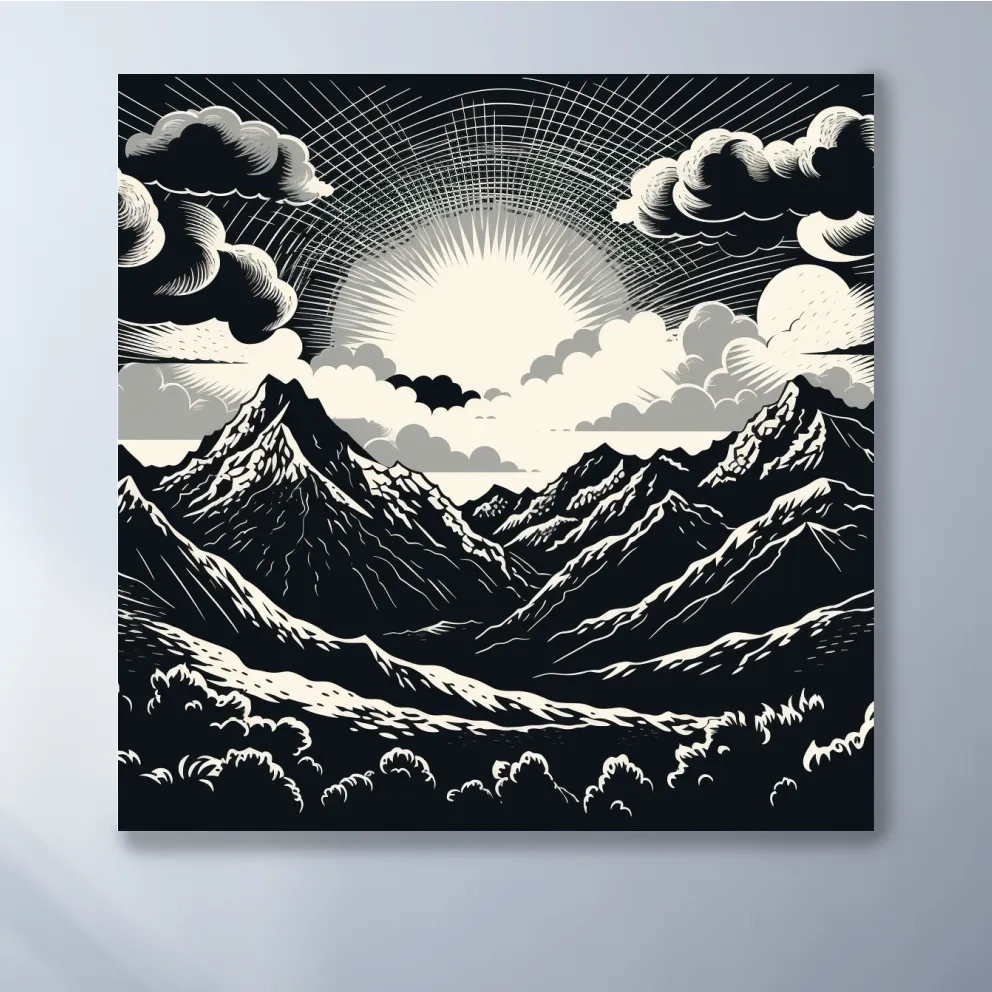 Sunset over mountain ranges, linocut style black & white artwork