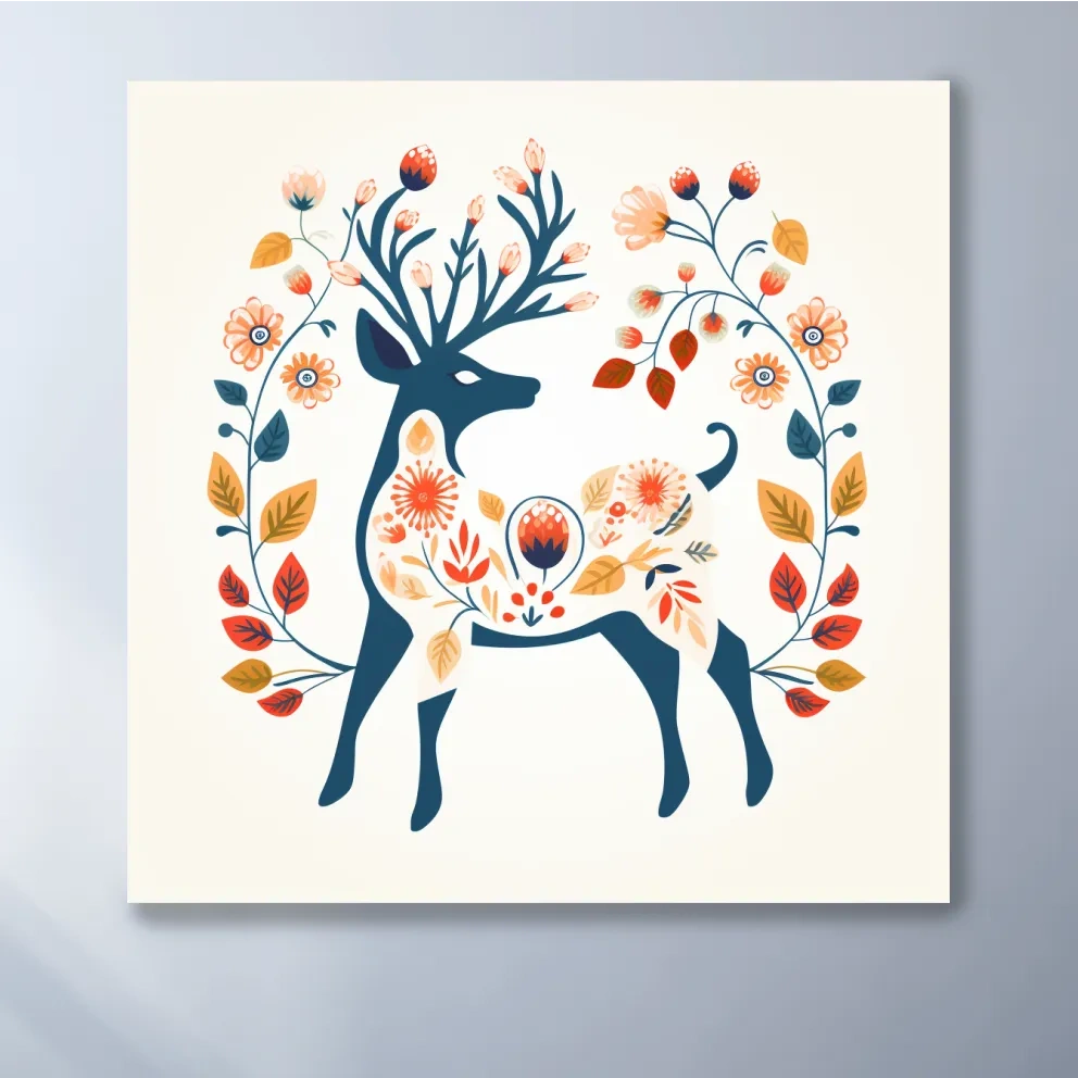 Deer and flowers print, folk style artwork