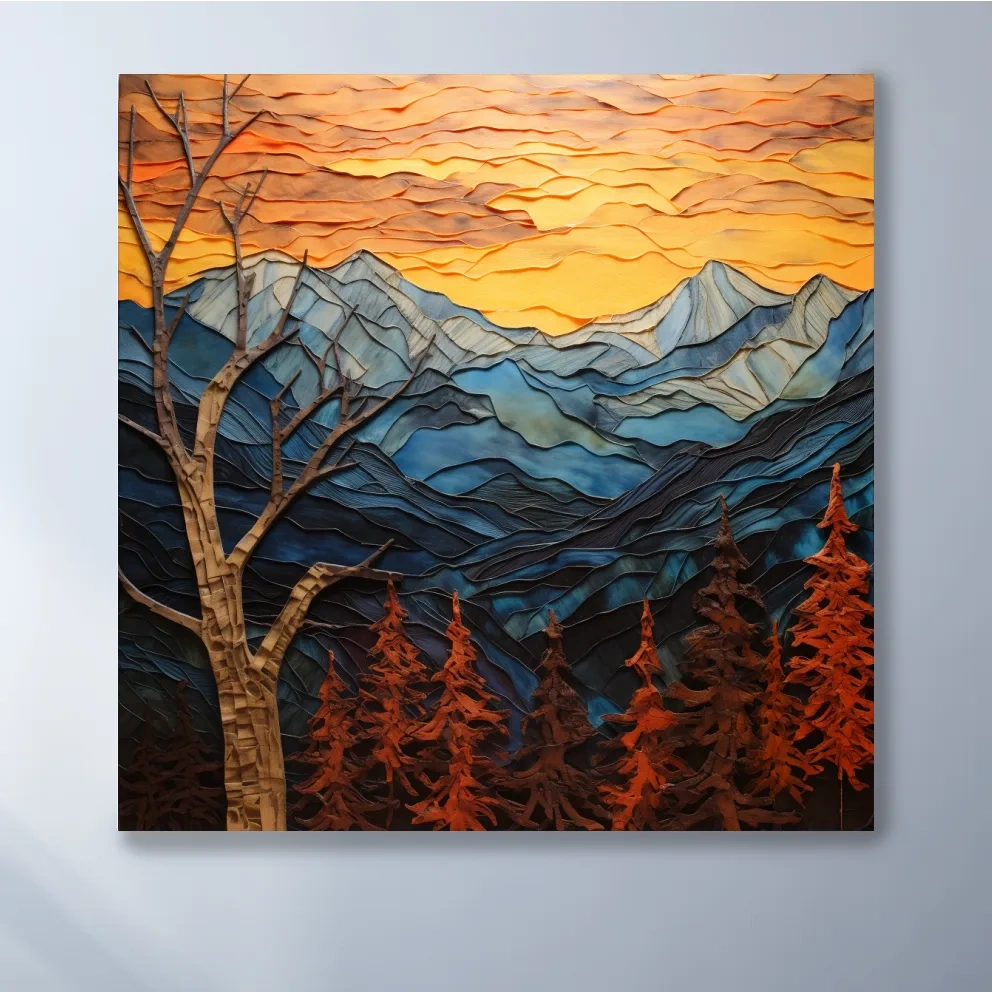Alpine mountain sunset, layered mixed media style artwork