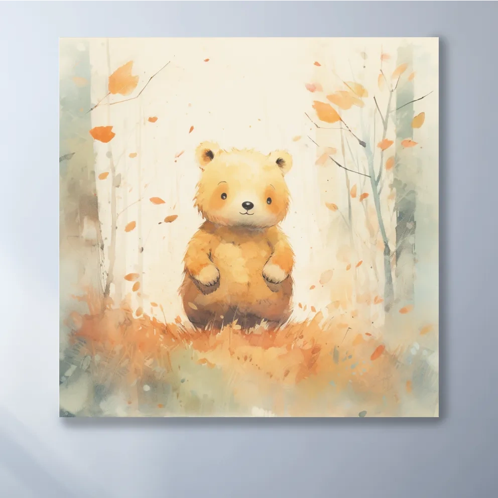 Cute bear cub in the forest, nursery watercolour style illustration art
