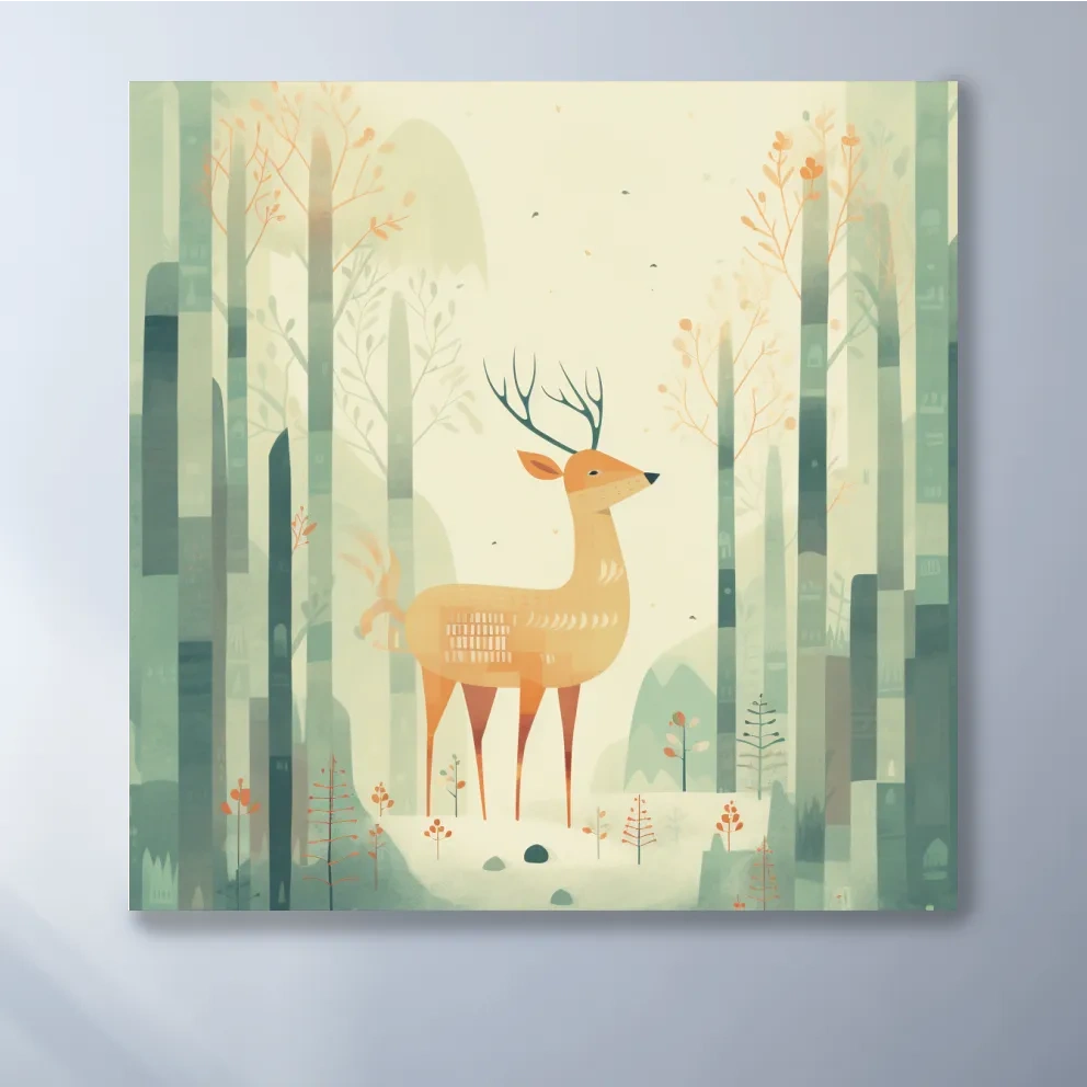 Deer in a forest, quirky nursery artwork illustration