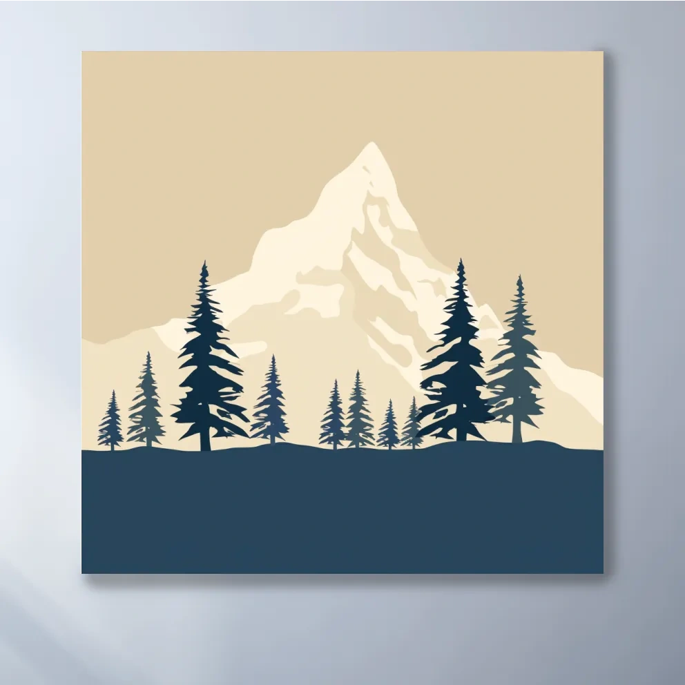 Treeline before the glacier, simple flatcolour 2d rustic mountain artwork