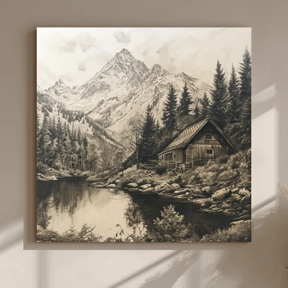 Vintage Sepia Mountain Cabin Lake Scene - Rustic Alpine Forest Landscape Art