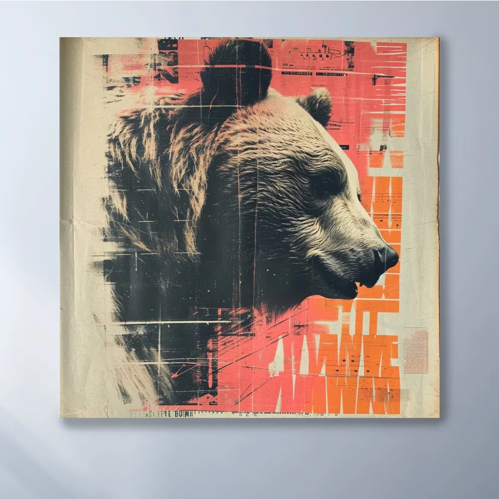 Grizzly bear artwork, magazine collage style art illustration