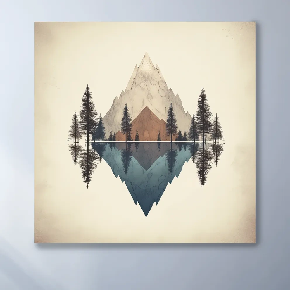 Minimalist Geometric Mountain Lake Reflection - Pine Forest Landscape Wall Art