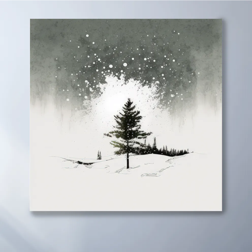 Minimal black and white art painting, lonely winter tree in the snow