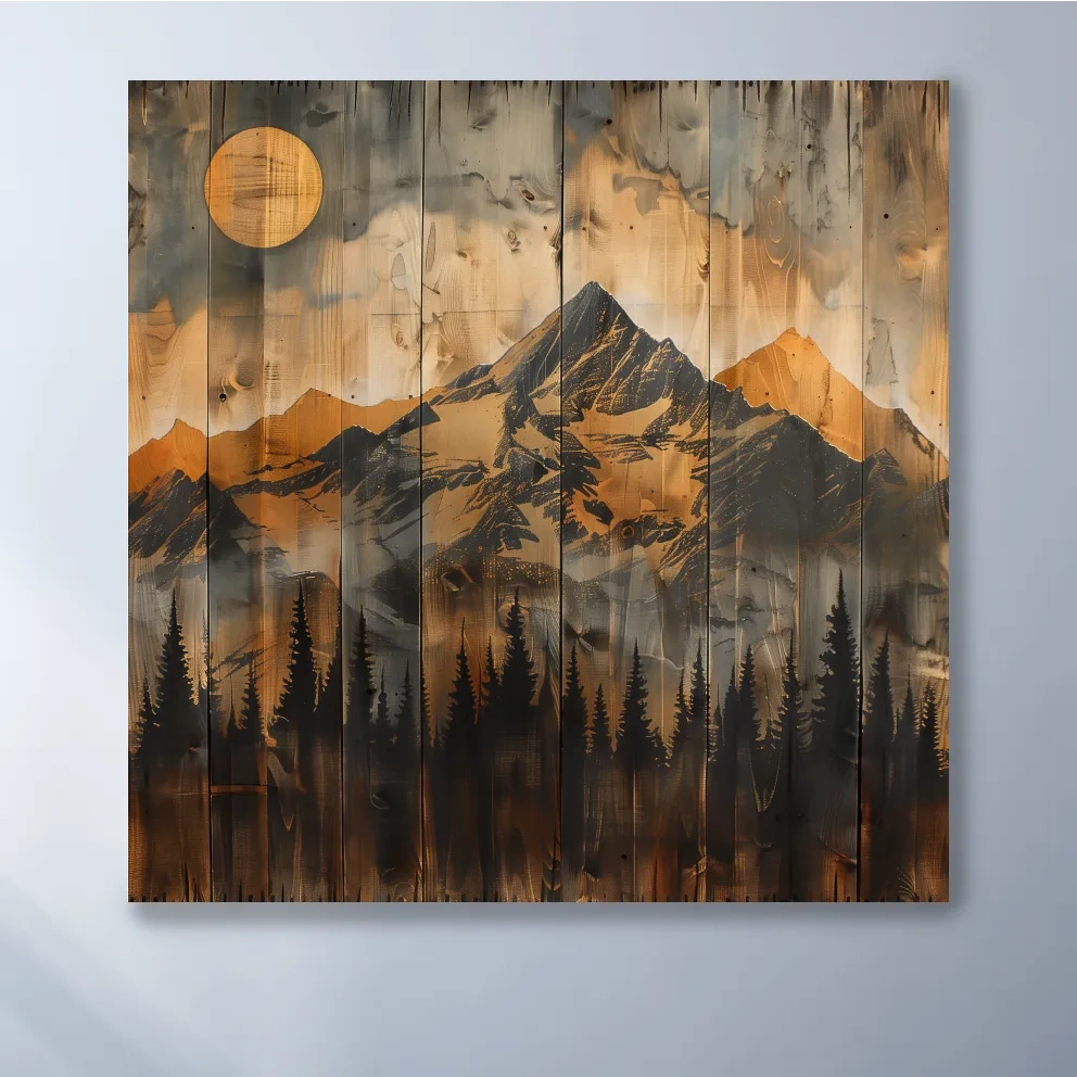 Rustic Woodgrain Mountain Sunset Artwork - Vintage Pine Forest Wall Art