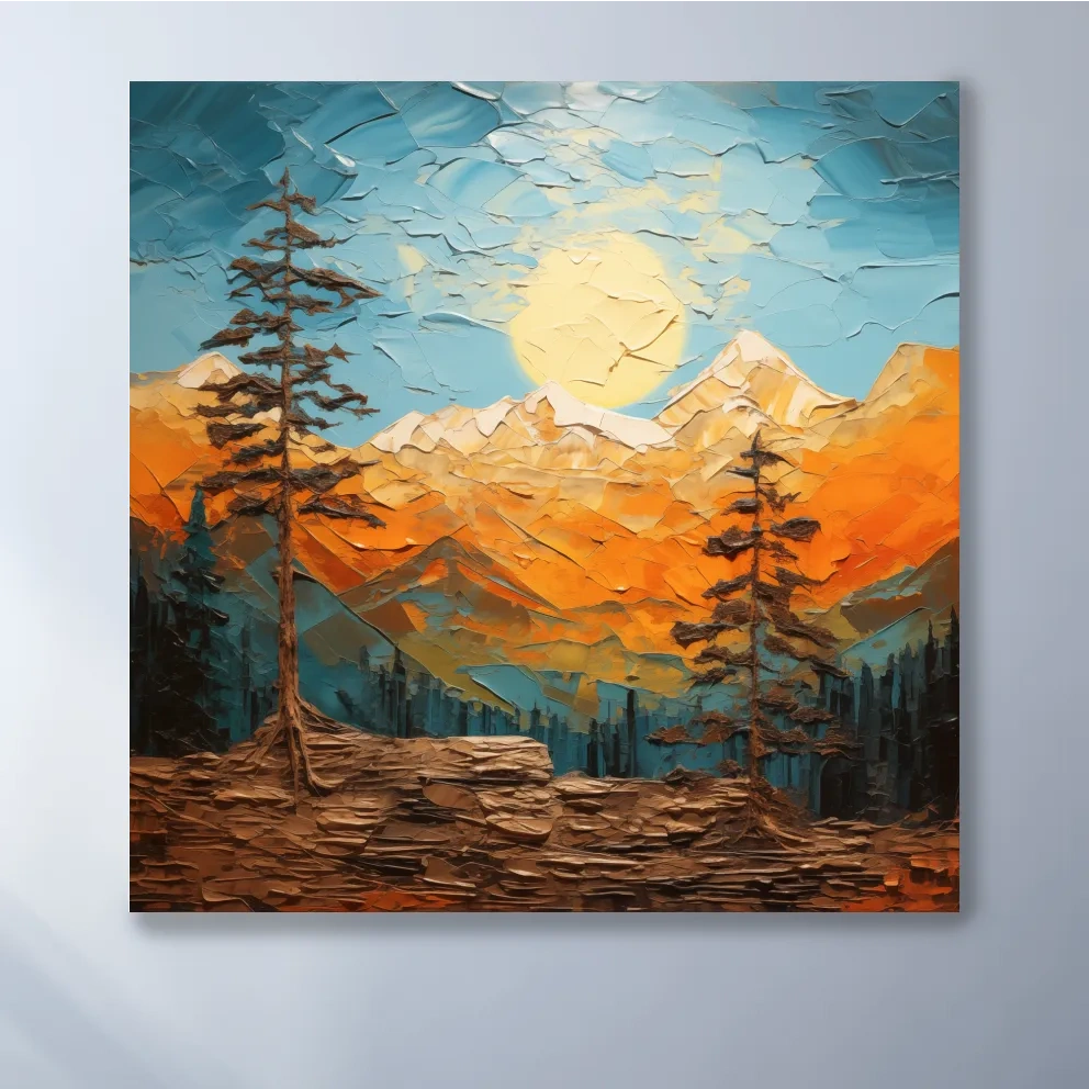 Mountains at sunset artwork print, thick impasto textured oil painting effect
