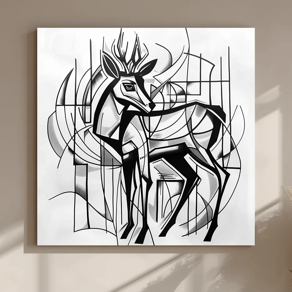 Cubism Abstract Stag Artwork - Modern Black And White Wildlife Wall Art