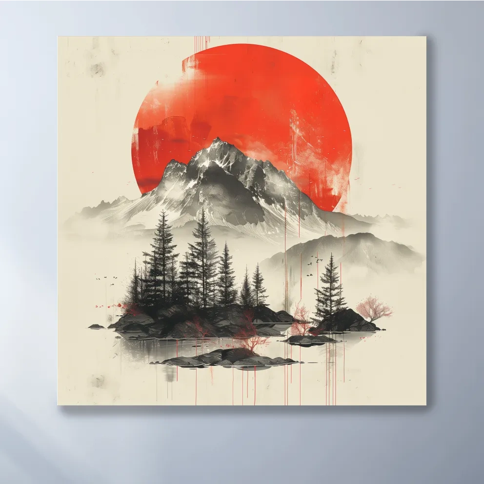 Japandi style minimalist artwork, sunset over a mountain glacier