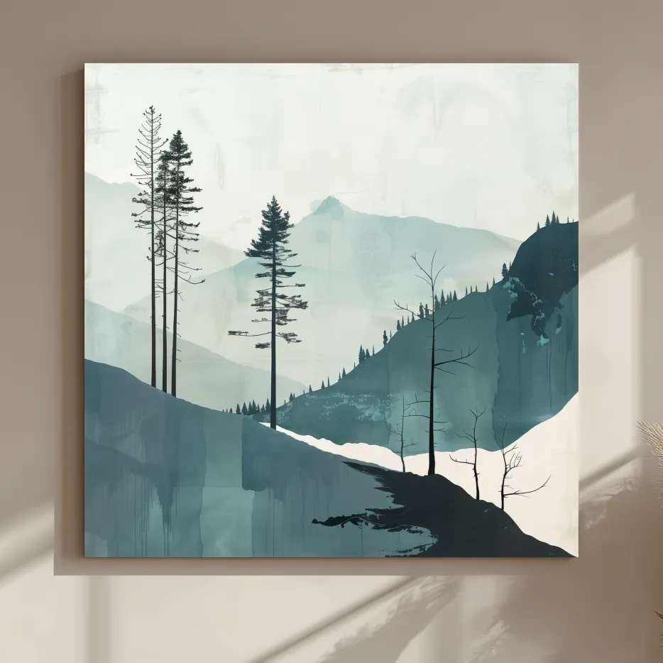 Minimalist Nordic Forest Artwork - Scandinavian Alpine Mountain Wall Art