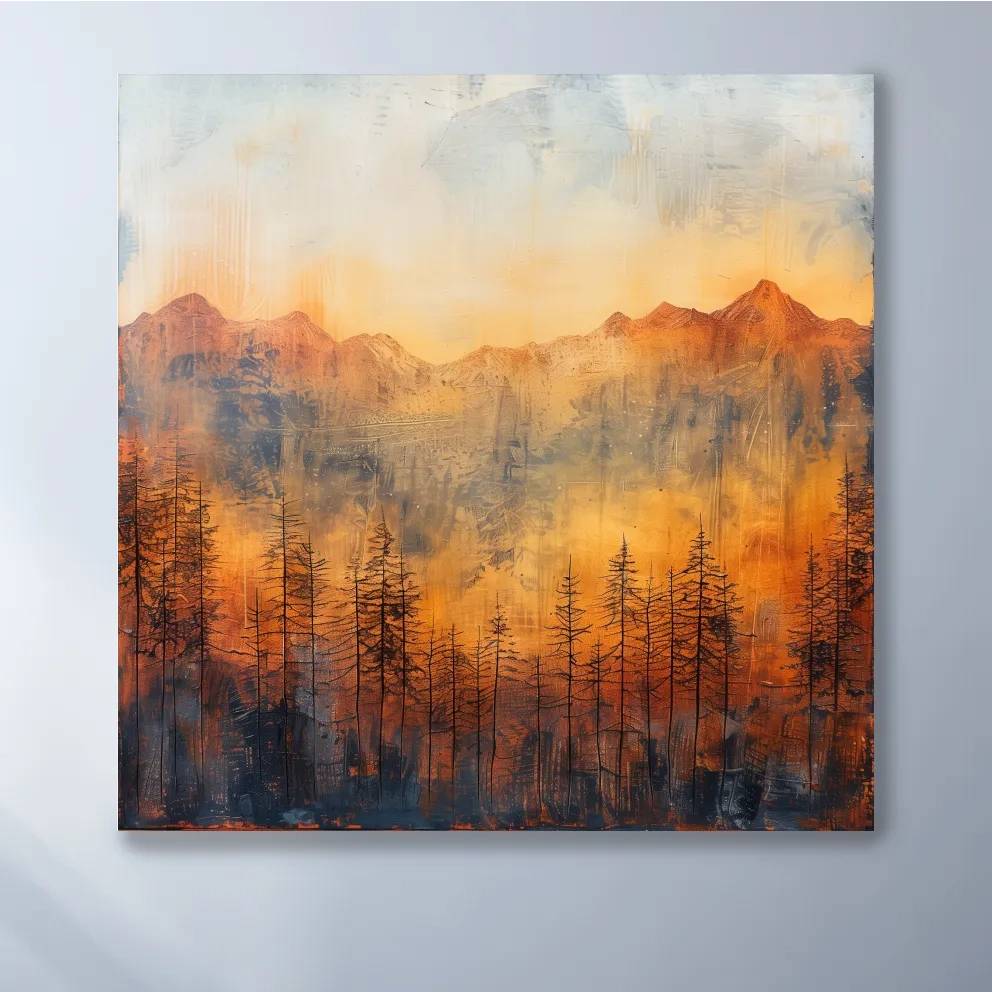 Landscape painting, mountains and trees, textured mixed-media style artwork