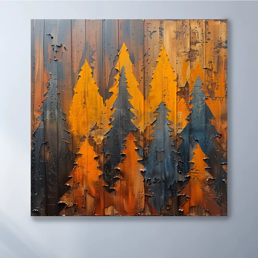 Painted wood artwork, alpine forest painting, peeled paint effect