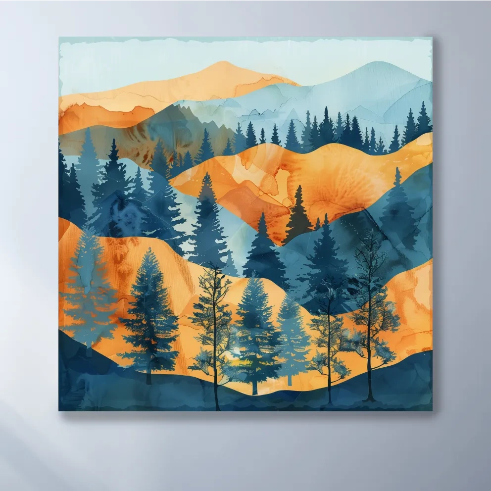 Watercolour painting forest wall art, pine trees, rolling hills and mountains