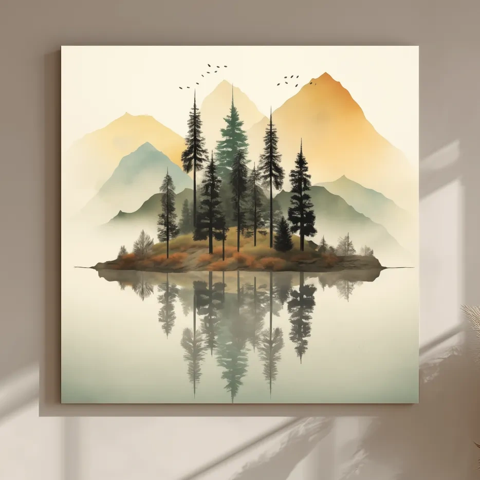Misty Pine Forest Island Reflection - Minimalist Mountain Lake Wall Art