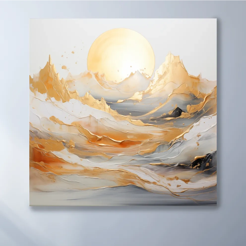 Gold leaf style painting of a mountain landscape