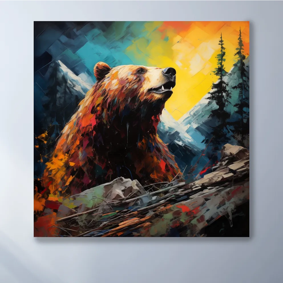 Vibrant Abstract Grizzly Bear Painting - Colorful Mountain Wildlife Wall Art