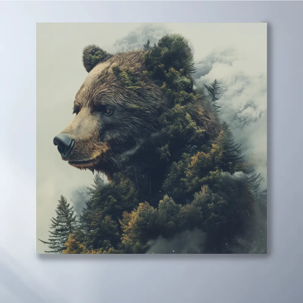 Surreal wall art, a grizzly bear morphing from a forest