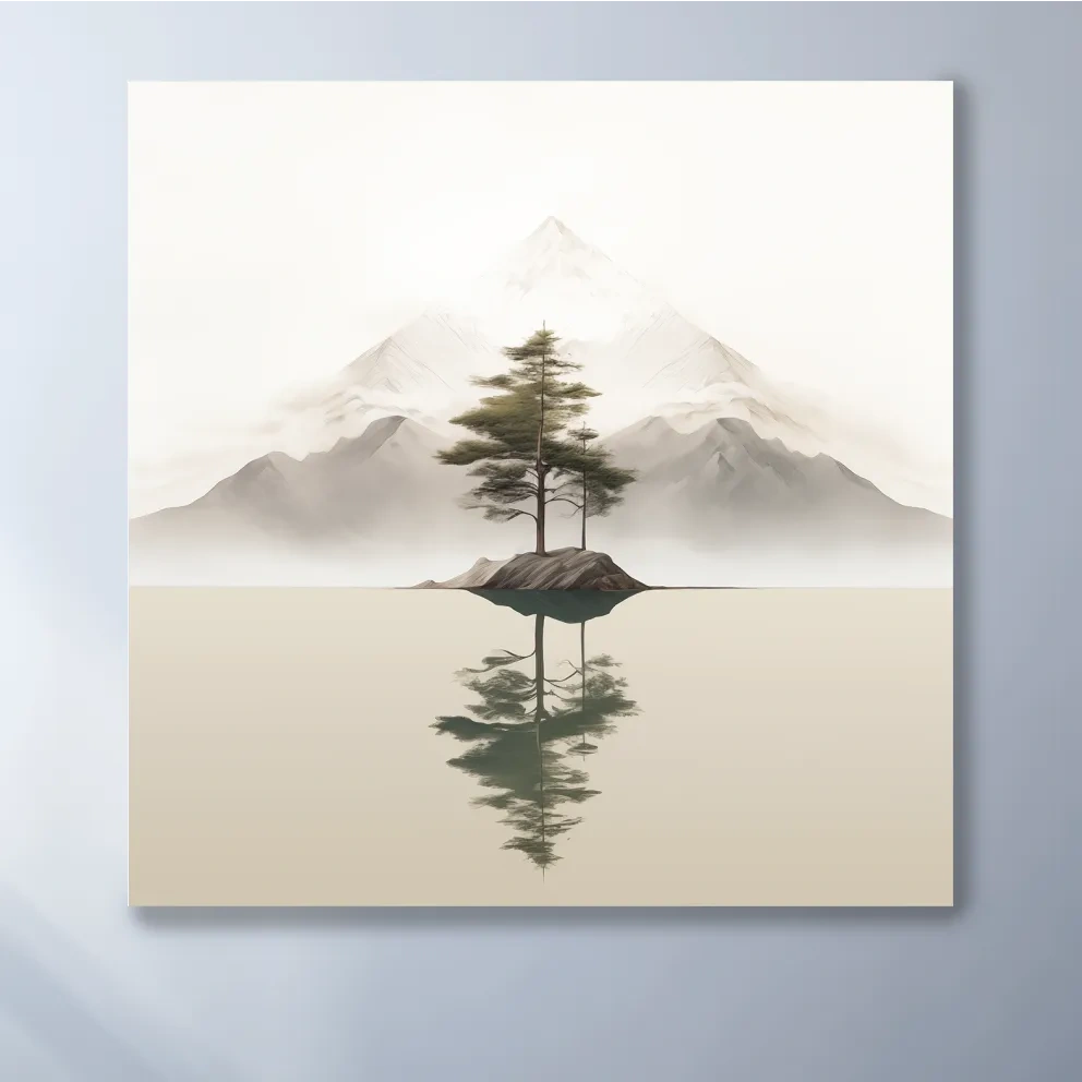 Minimalist Misty Lake Landscape Artwork - Serene Zen Pine Tree Reflection Art