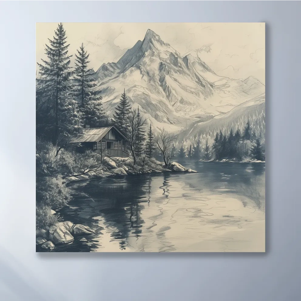 Lead pencil drawing of a cabin by an alpine lake