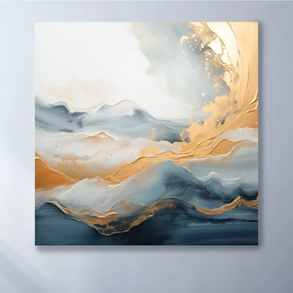 Fluid Abstract Blue And Gold Mountain Landscape - Modern Mixed Media Wall Art