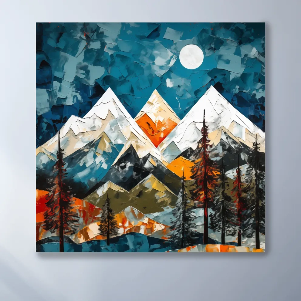 Abstract Impasto Style Mountain Nightscape - Moonlit Alpine Landscape Wall Art