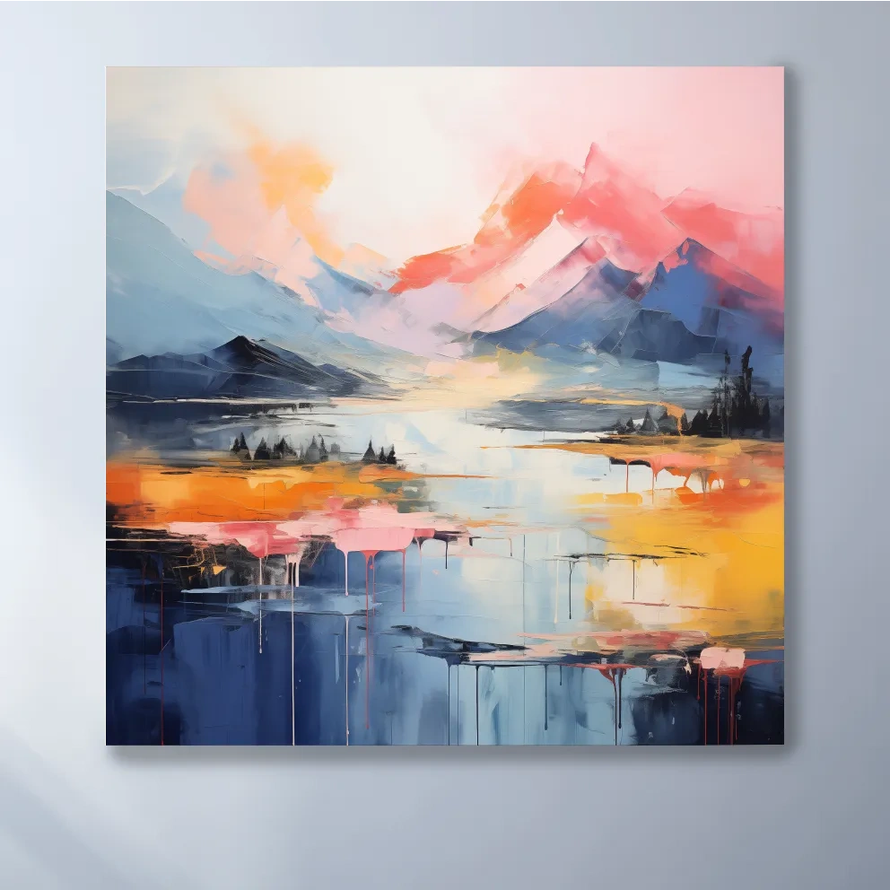 Abstract mountain landscape artwork, vibrant colors in oil painting style