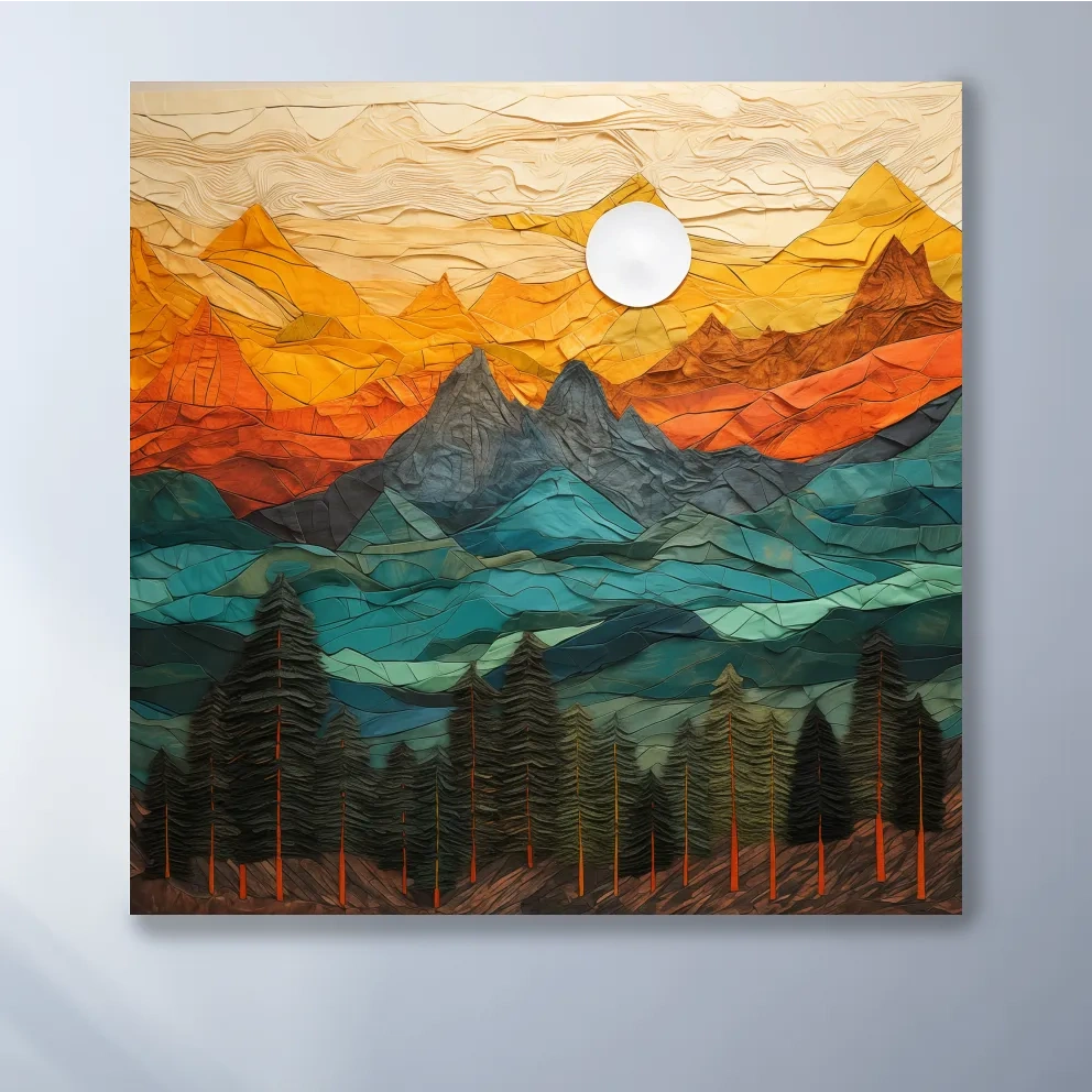 Papre mache style art of an alpine landscape at sunset