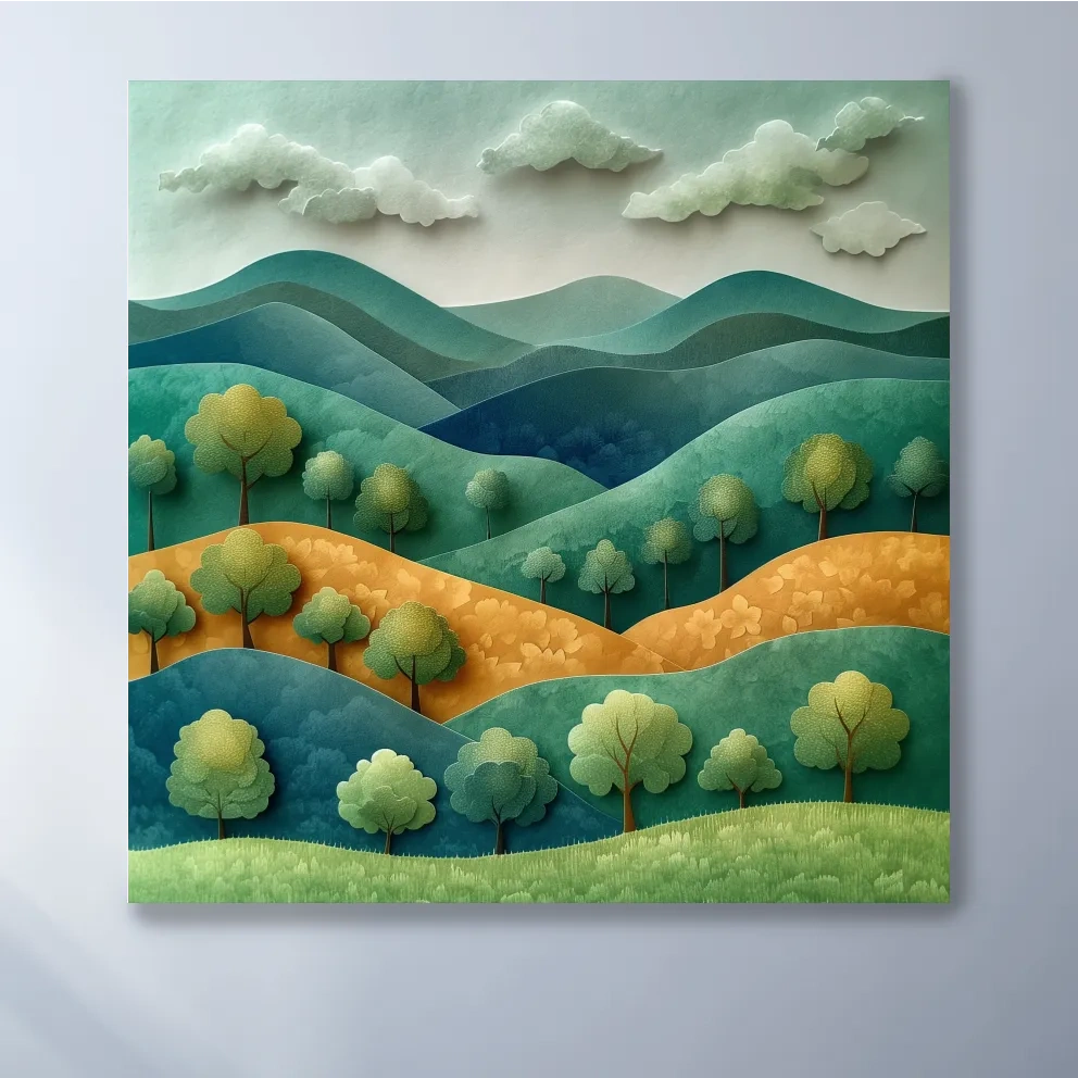 Rolling hills and trees 3d artwork, layered paper quilling effect