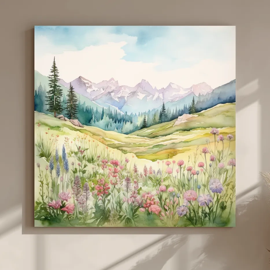 Alpine Meadows Wildflower Watercolour - Pastel Mountains Landscape Wall Art