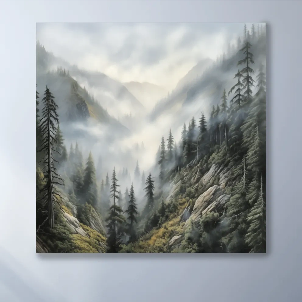 Misty Mountain Valley Pine Forest Painting - Foggy Alpine Landscape Wall Art