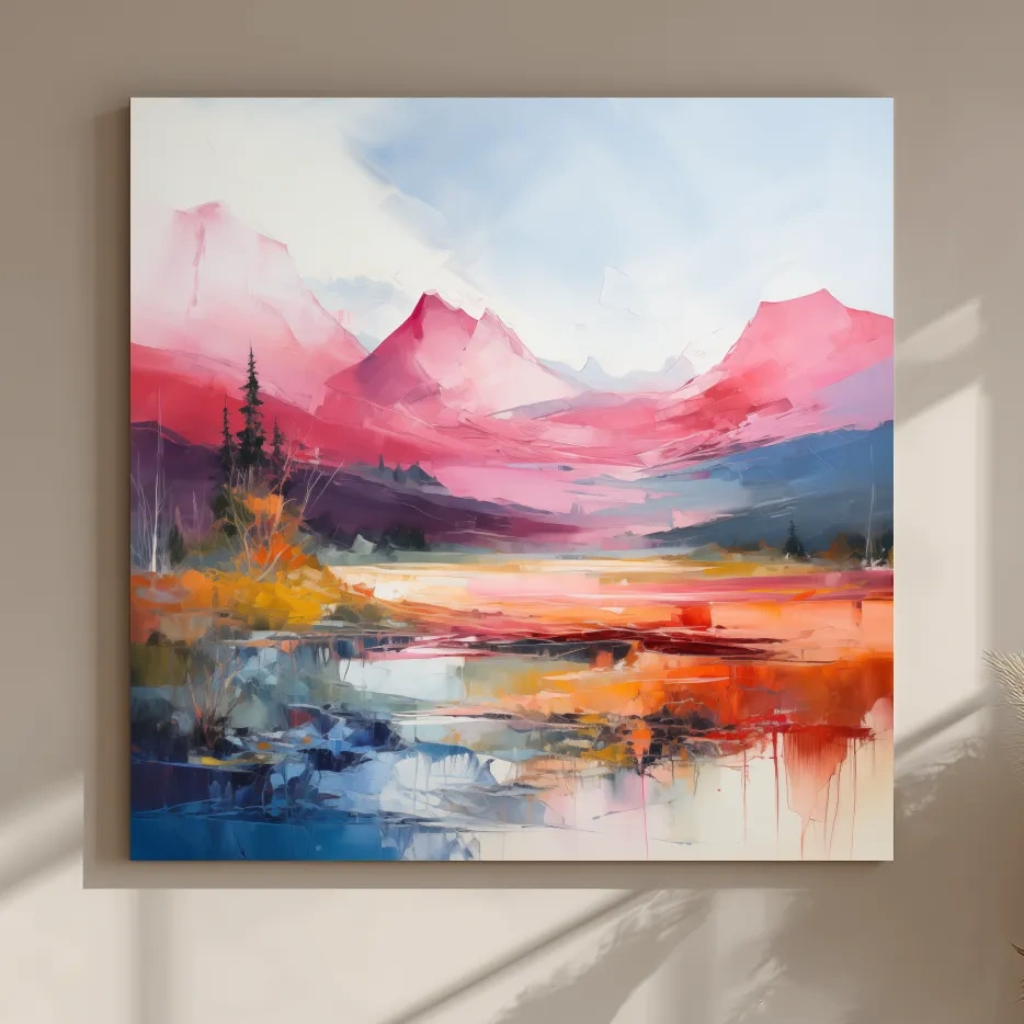 Vibrant Abstract Impressionist Alpine Lake Sunset Painting - Colorful Mountain Wall Art