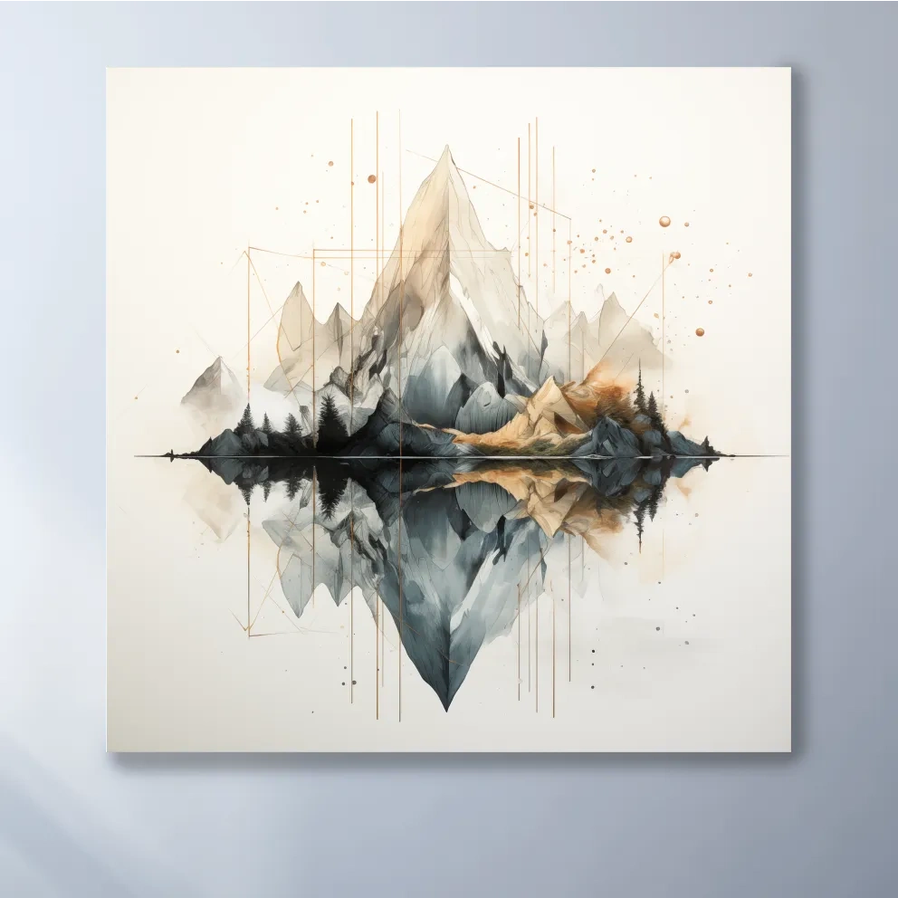 Geometric Watercolor Mountain Reflection Landscape - Modern Minimalist Wall Art