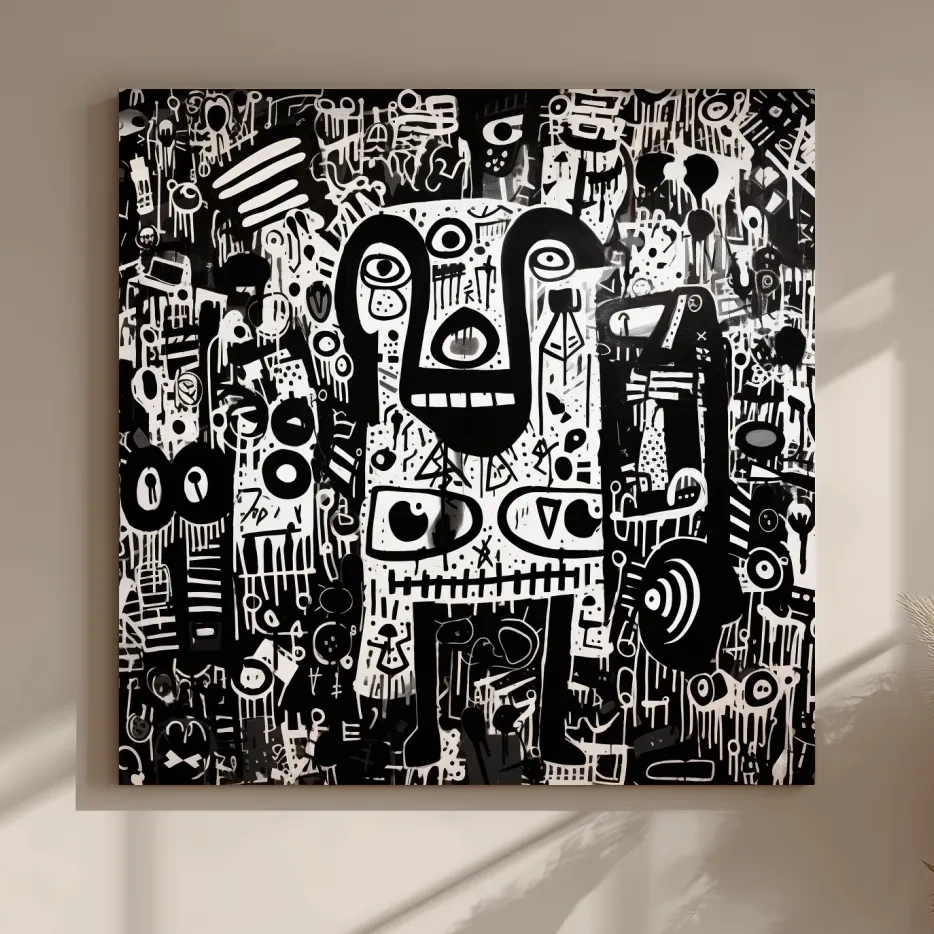 Black And White Abstract Graffiti Bear - Urban Street Art Wall Artwork