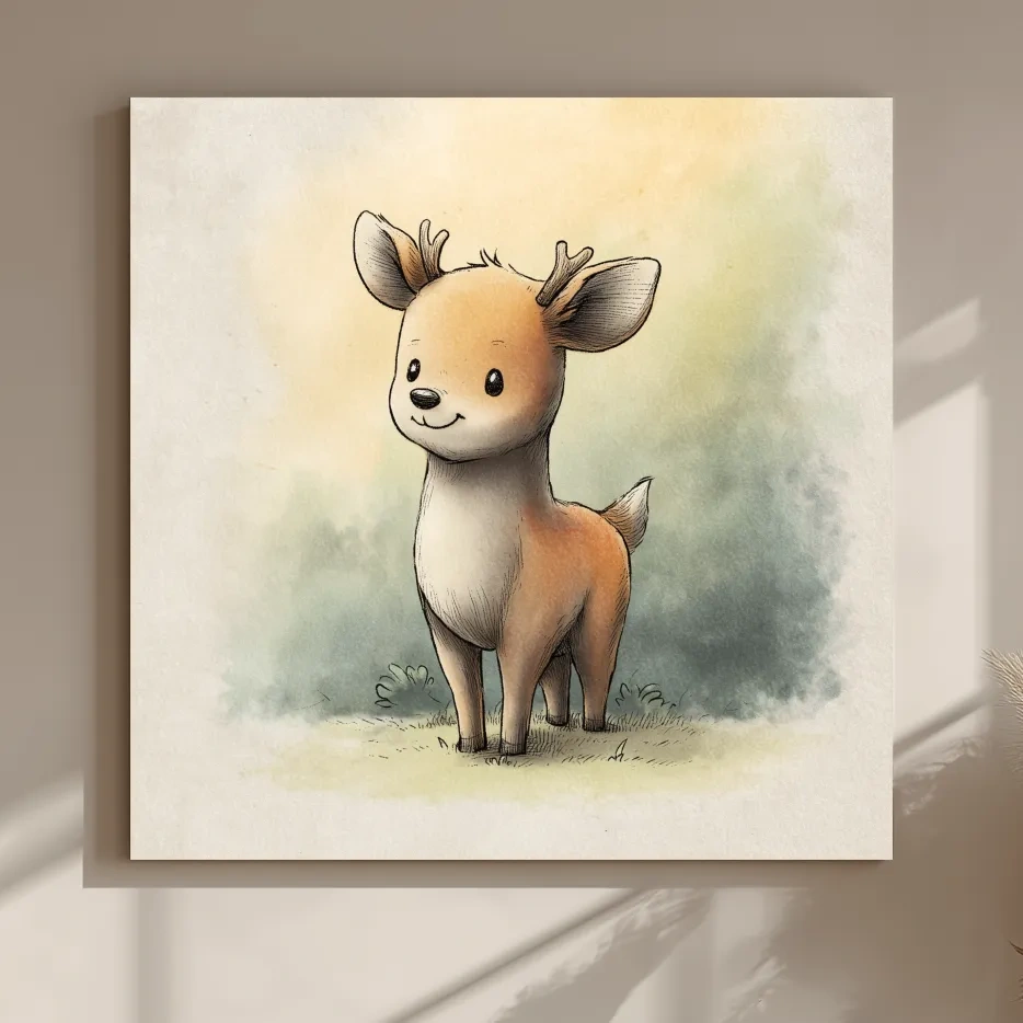 Cute Baby Deer Watercolor Illustration - Whimsical Woodland Nursery Wall Art
