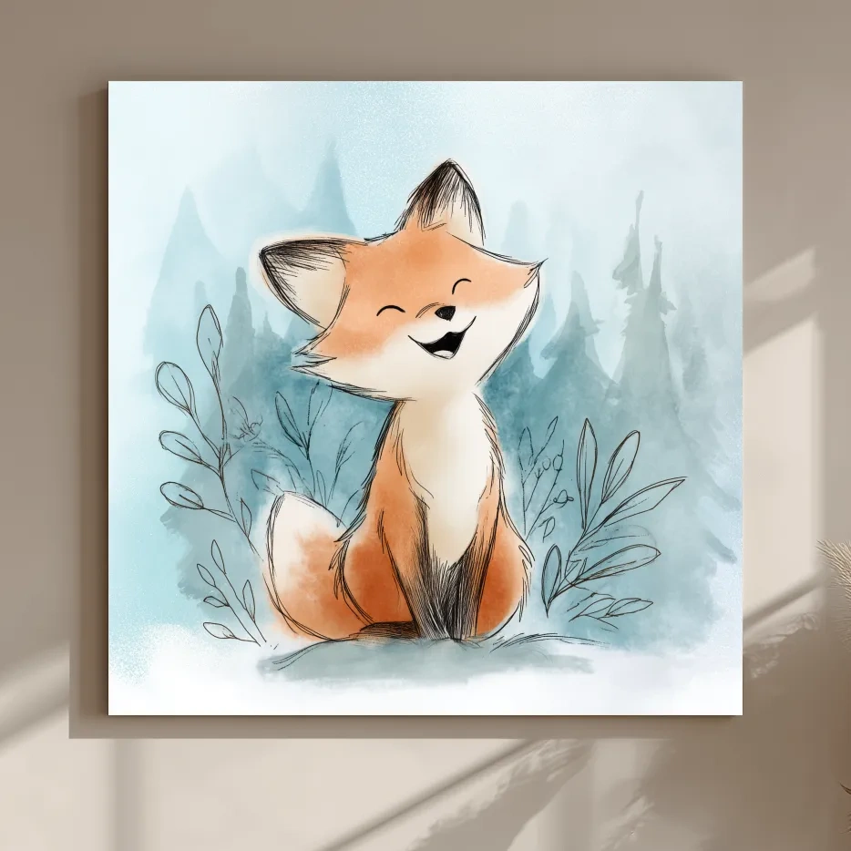 Whimsical Watercolor Fox Cub Illustration - Cute Woodland Nursery Wall Art