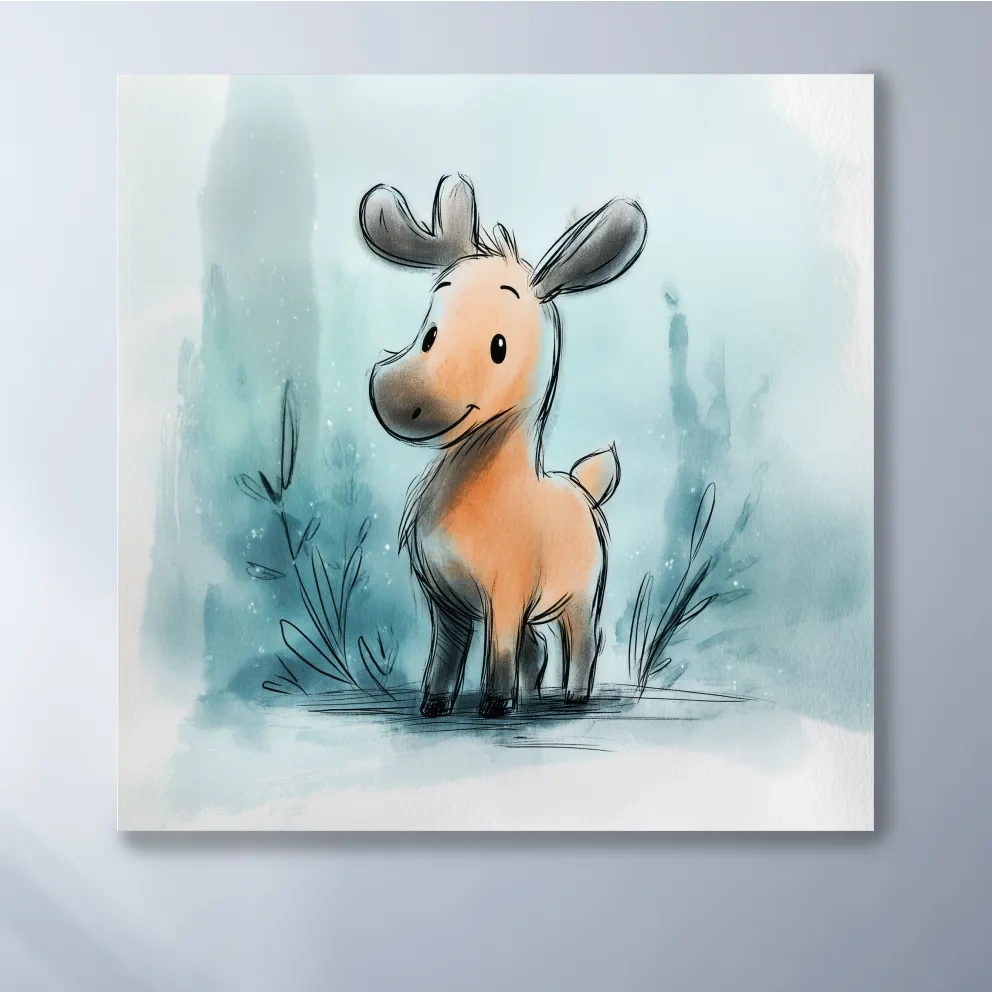 Cute Baby Moose Watercolor Illustration - Whimsical Nursery Wildlife Wall Art