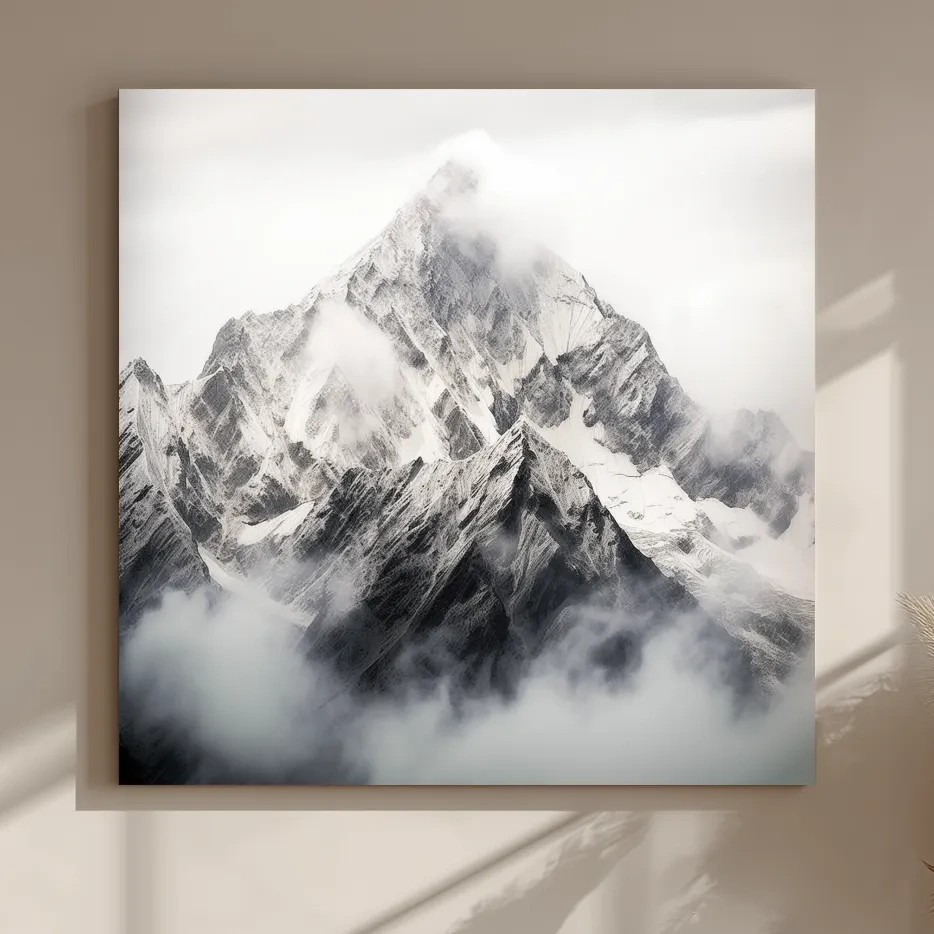 Snowcapped Alpine Peak Photography - Monochrome Mountain Wall Art