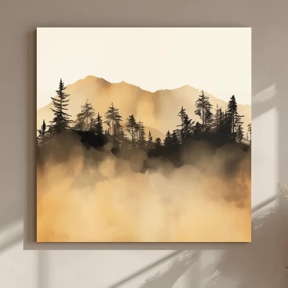 Misty Golden Mountain Pine Forest - Sepia Watercolor Landscape Wall Art