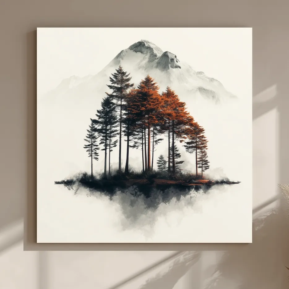 Misty Mountain Pine Forest Watercolor - Autumn Landscape Wall Art