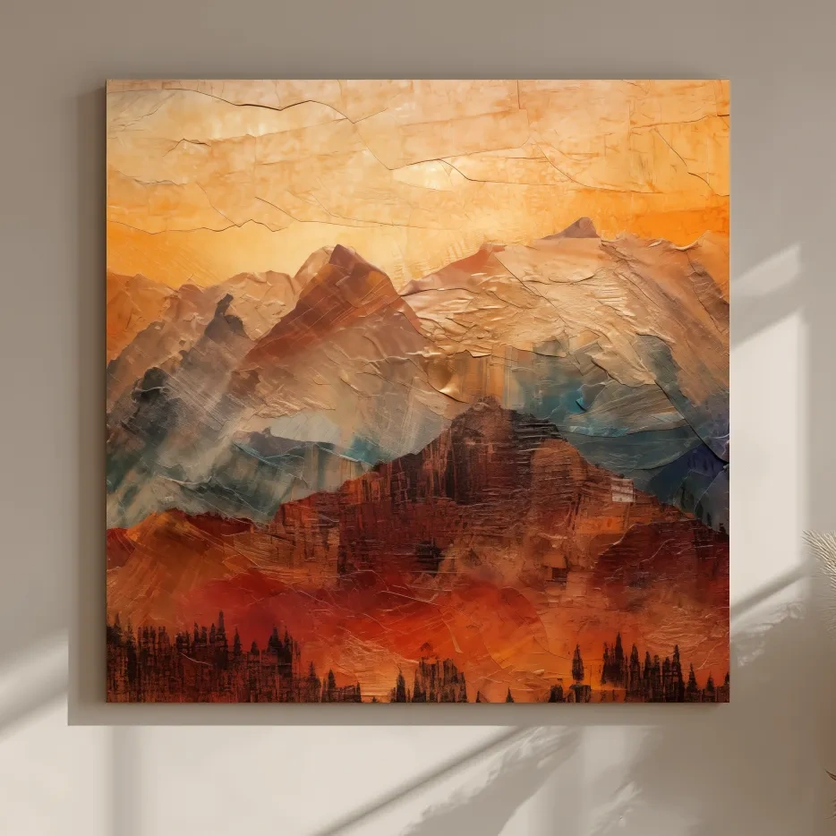 Impasto Style Abstract Mountain Range Sunset - Warm Rustic Landscape Wall Art